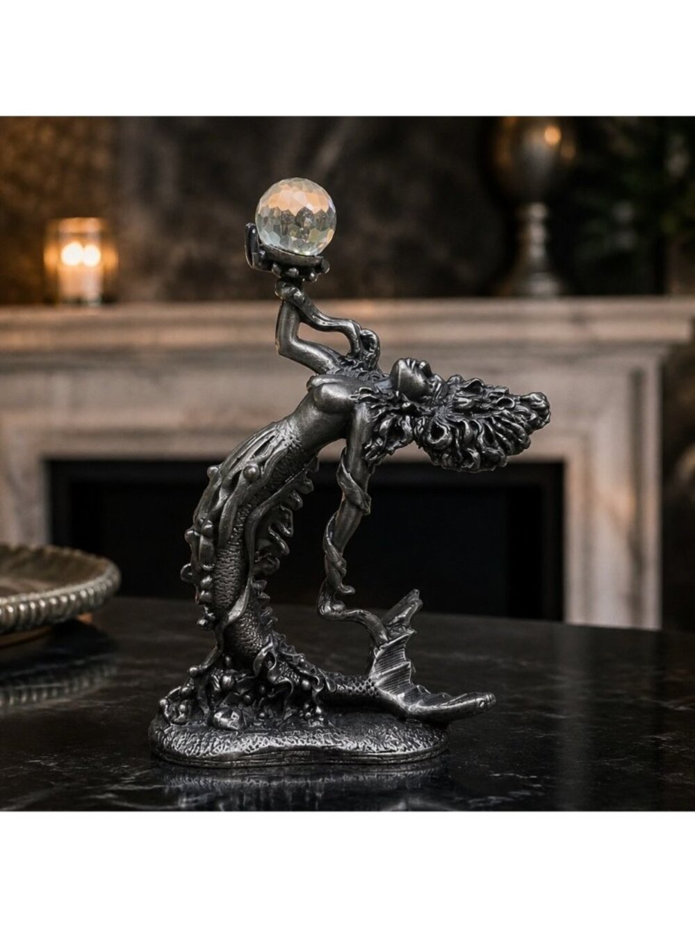 Fantasy Mermaid Figurine Holding Crystal Ball Decor - Metallic Finish